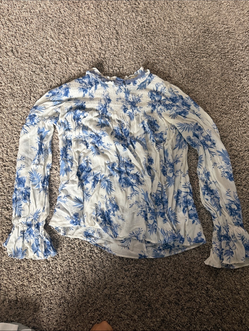 Altar'd State White Blouse with Blue Floral Print - Long Sleeve